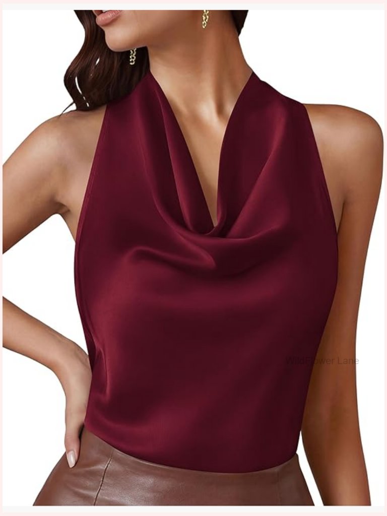 Silk Satin Halter Top Cowl Neck Tie Back Sleeveless Tank Blouse